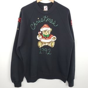 Vintage Sequin Teddy Bear Ugly Christmas Sweater